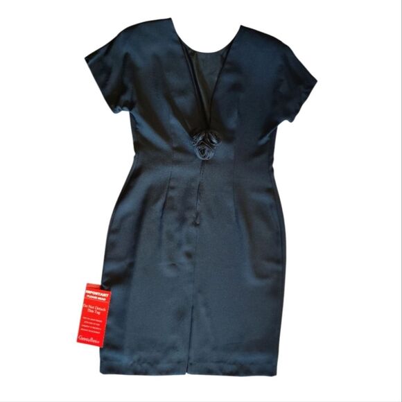 VTG Black Low Back Rosette Midi Sheath Dress Deadstock Size 14 *Fits like Large - Picture 7 of 15